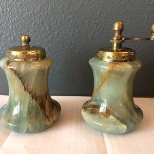 Italian onyx blue green vintage collectible with brass tops salt and pepper set